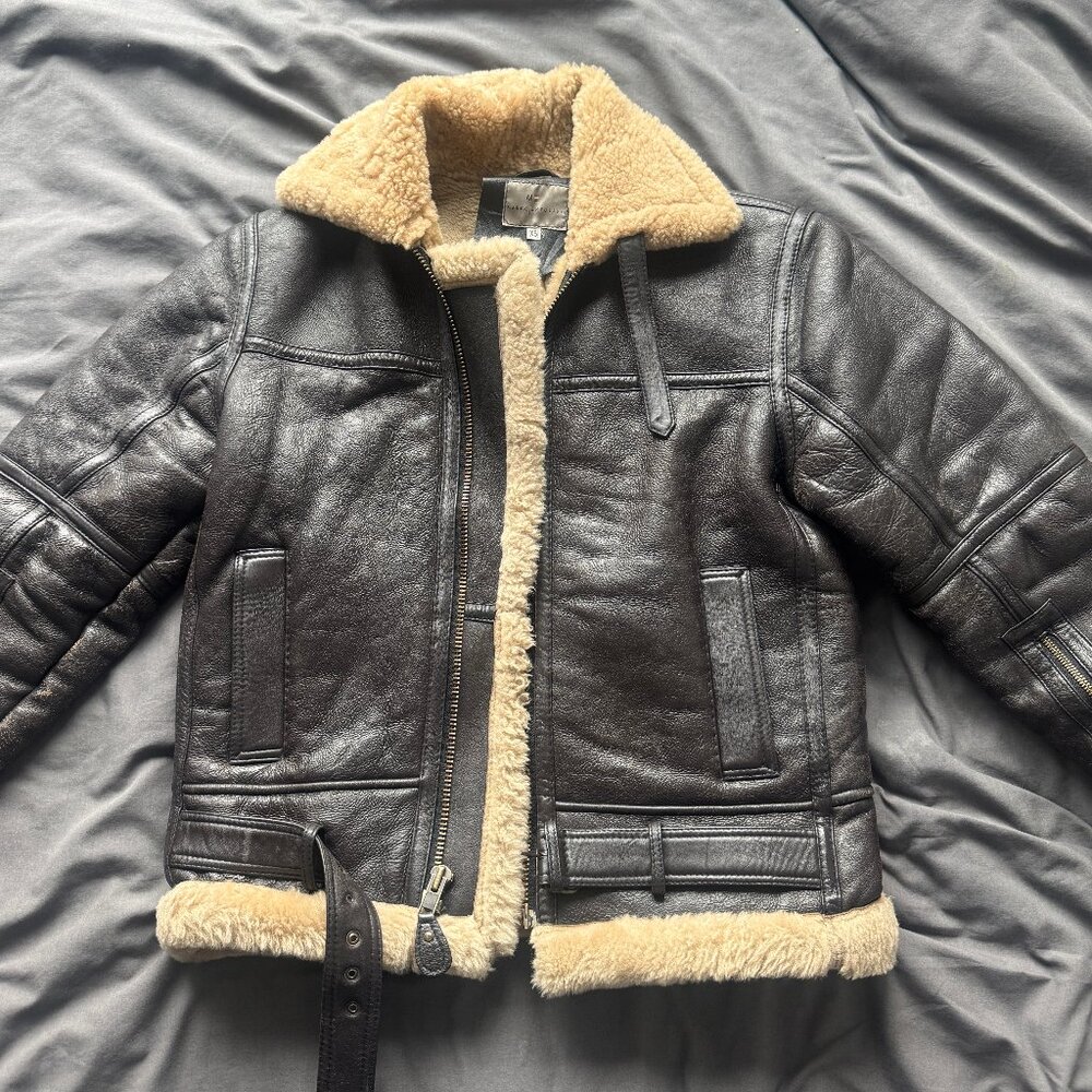 Marco Enzolani Men's Bormio RAF Brown Real Sherling Bomber Jacket, Size XS